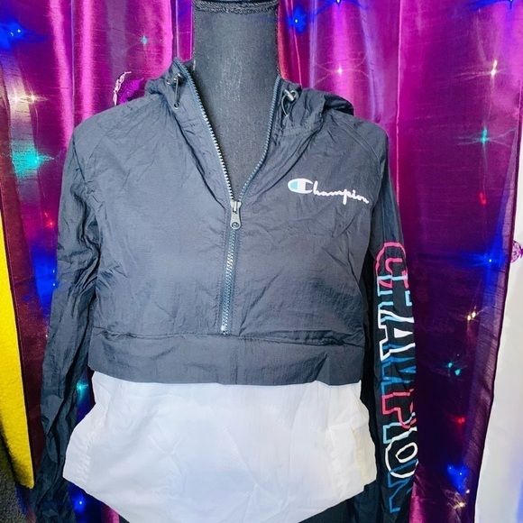 Champion Black, White & Colorful Logo Windbreaker Light Jacket Size Small - Picture 2 of 5